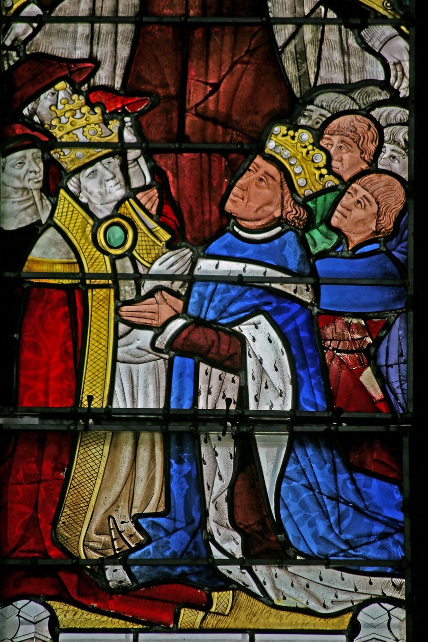 Vindue w4, der forestiller pave Paul II og kong Ludvig XI af French School