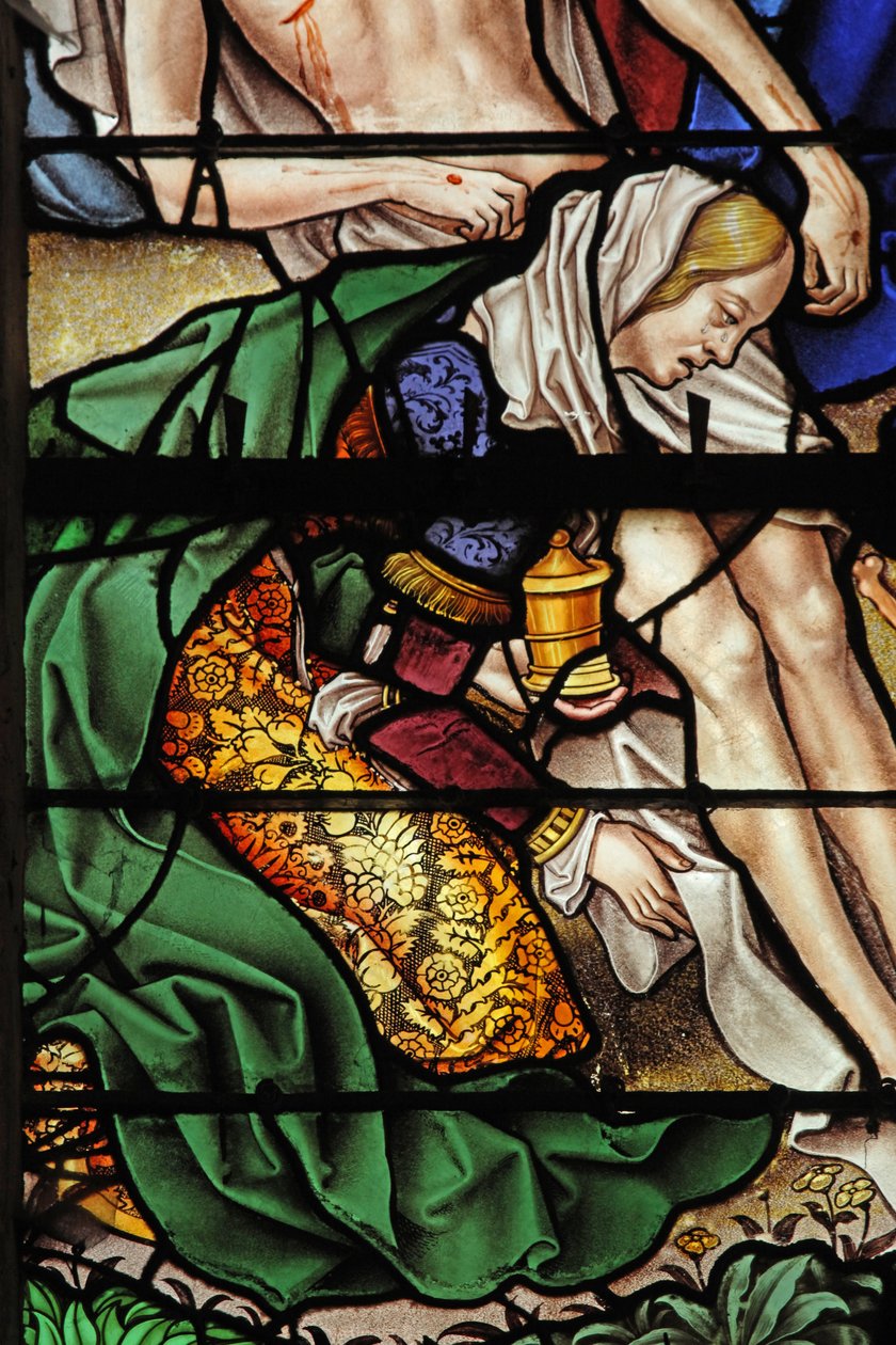 Vindue w4 viser en scene fra den hellige Maria Magdalenas liv - helgenen ved nedstigningen fra korset af French School