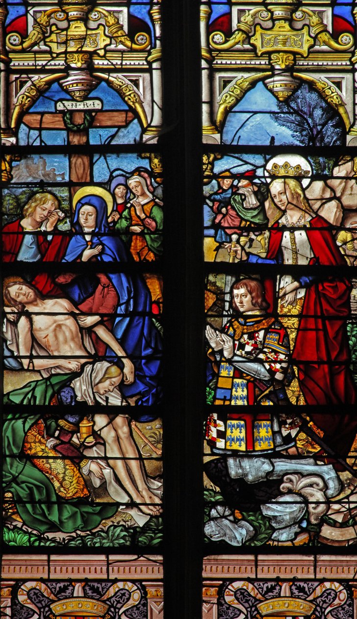 Vindue w4, der viser nedstigningen fra korset med donoren Francois de Montmorency og Ste Francoise af French School