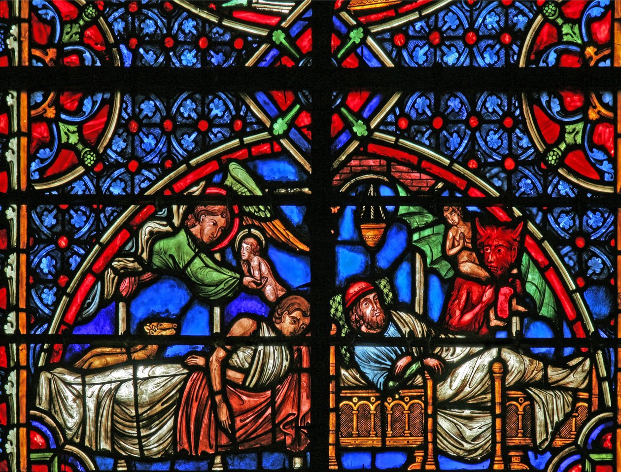 Vindue w4, der viser lignelsen om dyk og Lazarus - deres død af French School