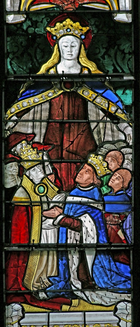 Vindue w4 viser Jomfru Maria som beskytter, pave Paul II og kong Ludvig XI af French School