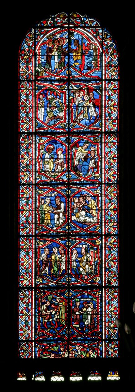 Vindue w5-R, der viser historierne om Lot og Abraham af French School