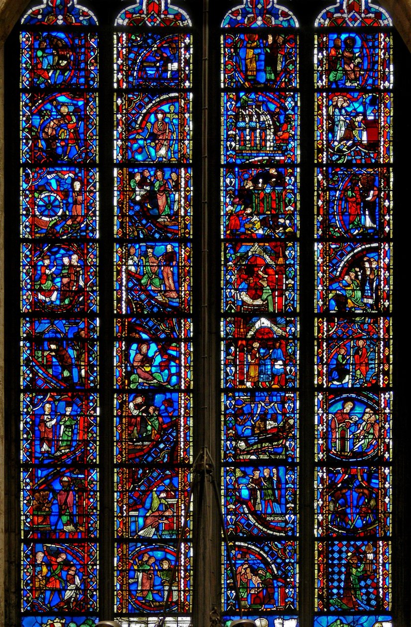 Vindue w53, der viser scener fra Sankt Katarinas, Sankt Nikolaus, Sankt Johannes Døberens, Sankt Stephens liv af French School