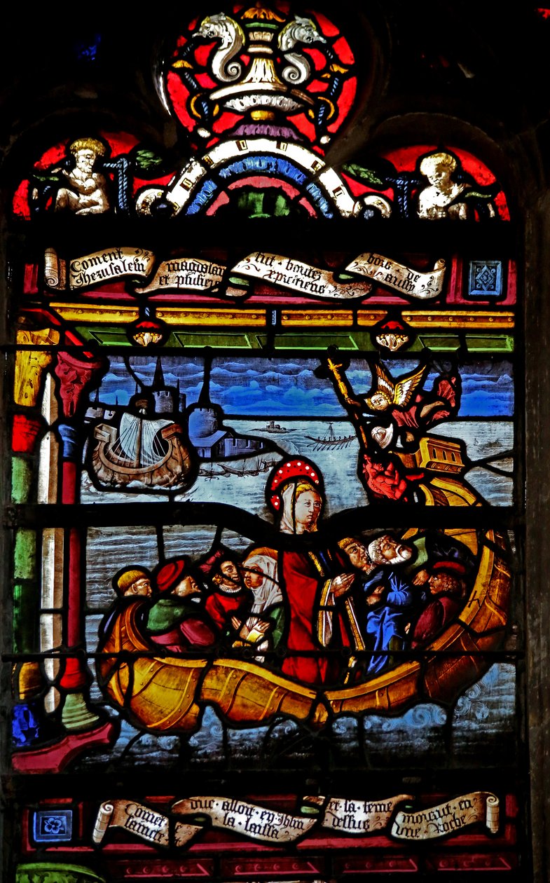 Vindue w5, der forestiller Maria Magdalene, sætter sejl fra Jerusalem af French School