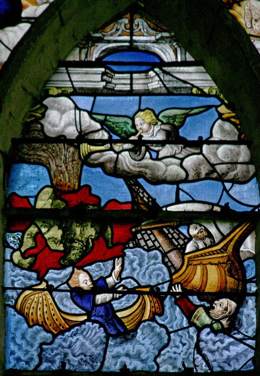Vindue w5, der viser en scene fra St Johns Book of the Revelation: et bjerg falder i havet; en tredje blev til blod af French School