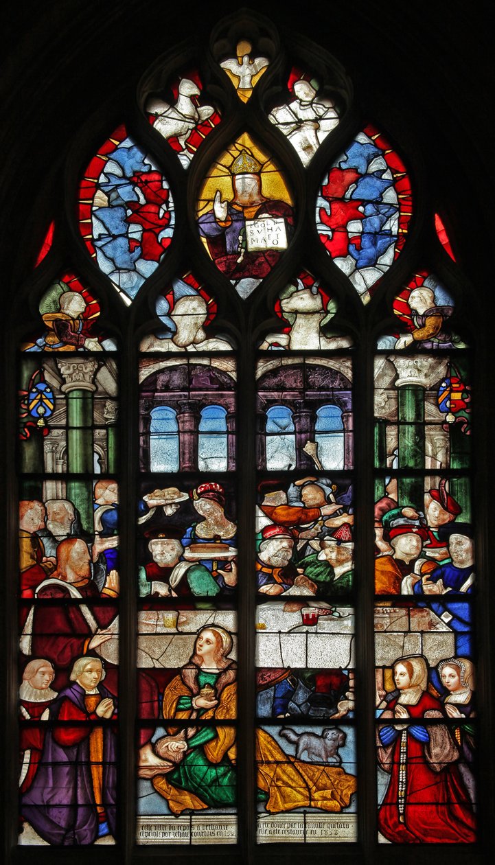 Vindue w5, der viser begivenhederne i Simons hus: Maria Magdalene vasker Kristi fødder af French School