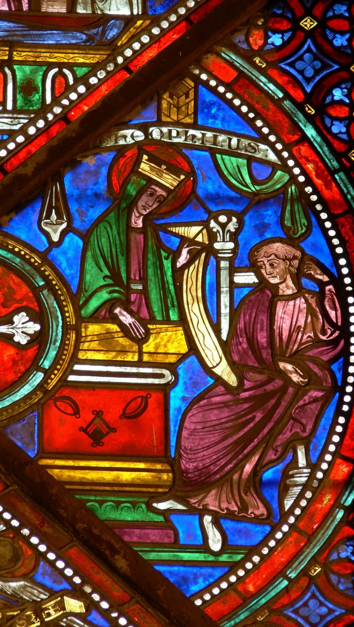 Vindue w6 viser en scene fra Theophilus-historien: Jomfruen returnerer pagten af French School