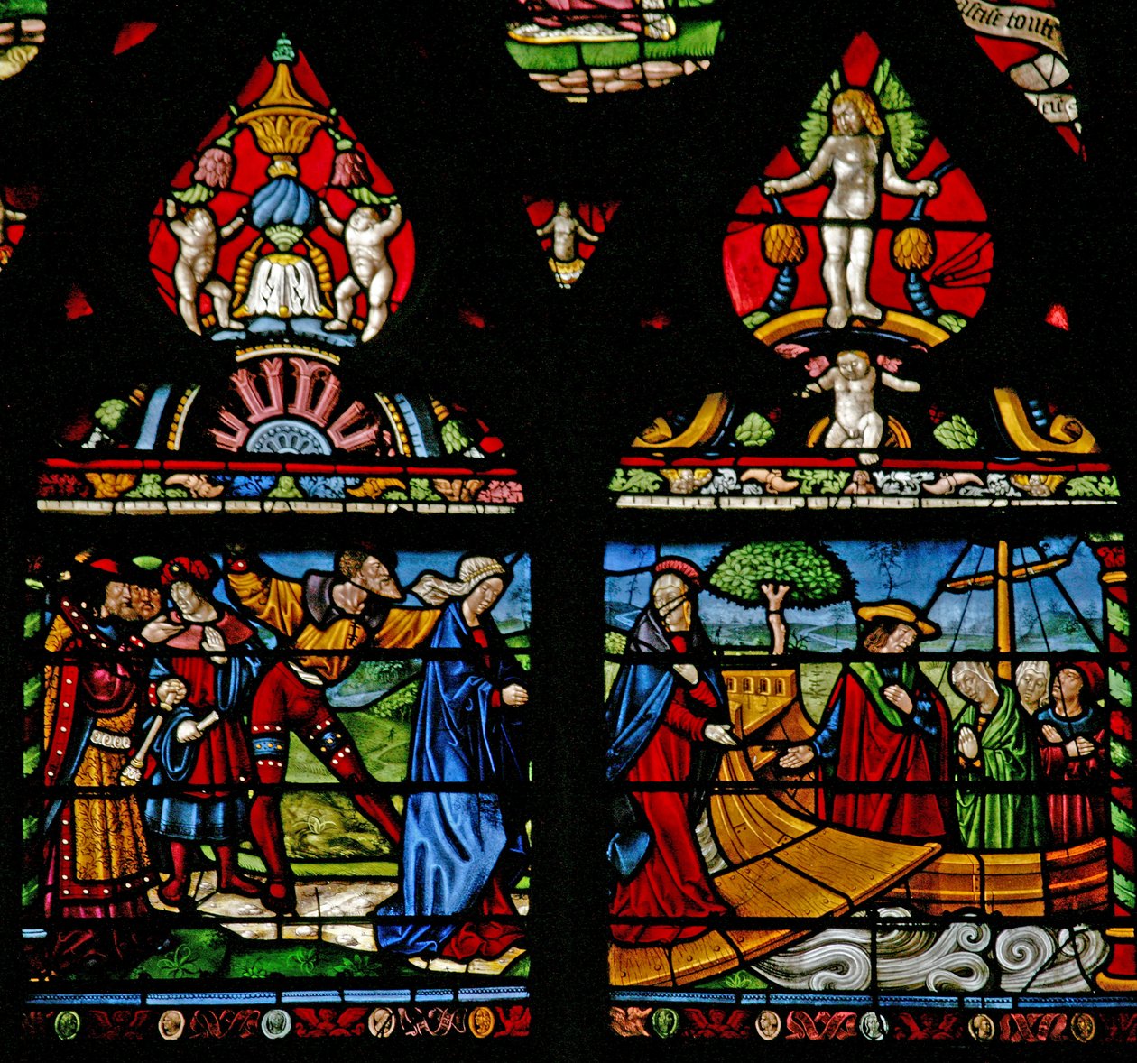 Vindue w6 viser en scene fra den hellige Maria Magdalenas liv - hun går om bord på en båd af French School