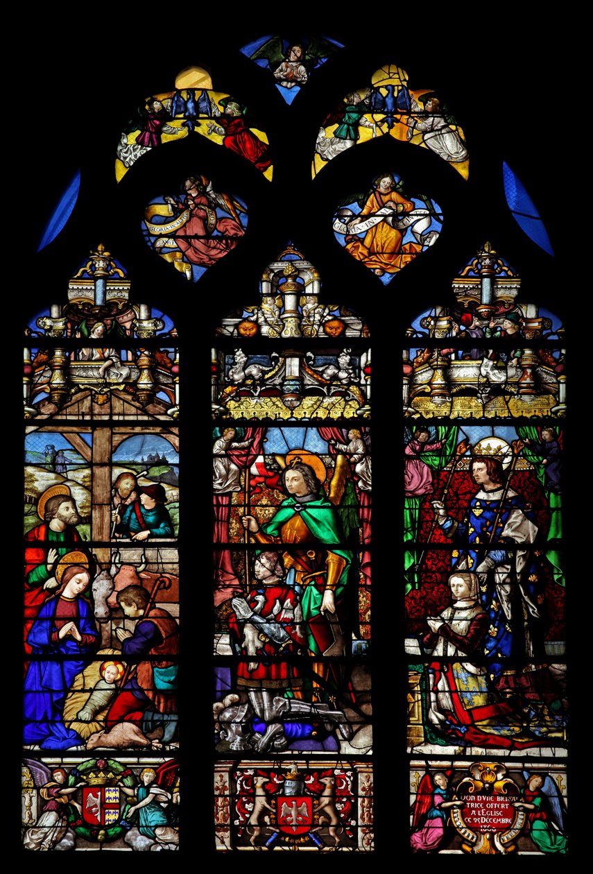 Vindue w6, der forestiller Fødselen med Hyrder; donorer Gaspard de Coligny og hustru og skytshelgener af French School