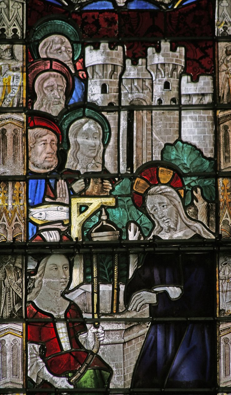 Vindue w7 viser Kristus og den samaritanske kvinde af French School