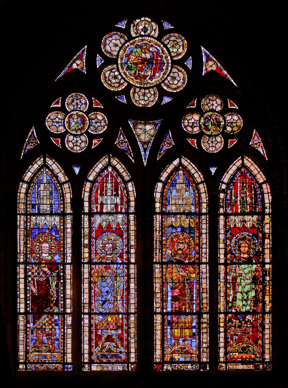 Vindue w7, der viser de hellige romerske kejsere: Lotharius, Louis, Charles af French School