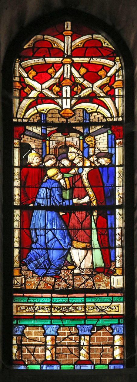 Vindue w7 viser en scene fra St. Augustins liv: han bliver udnævnt til professor i Milano og besøger Ambroise af French School