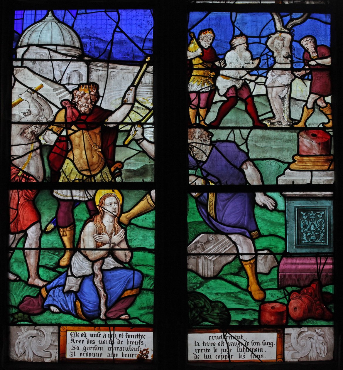 Vindue w7 forestiller en scene fra Sankt Barbaras liv (glasmaleri) af French School