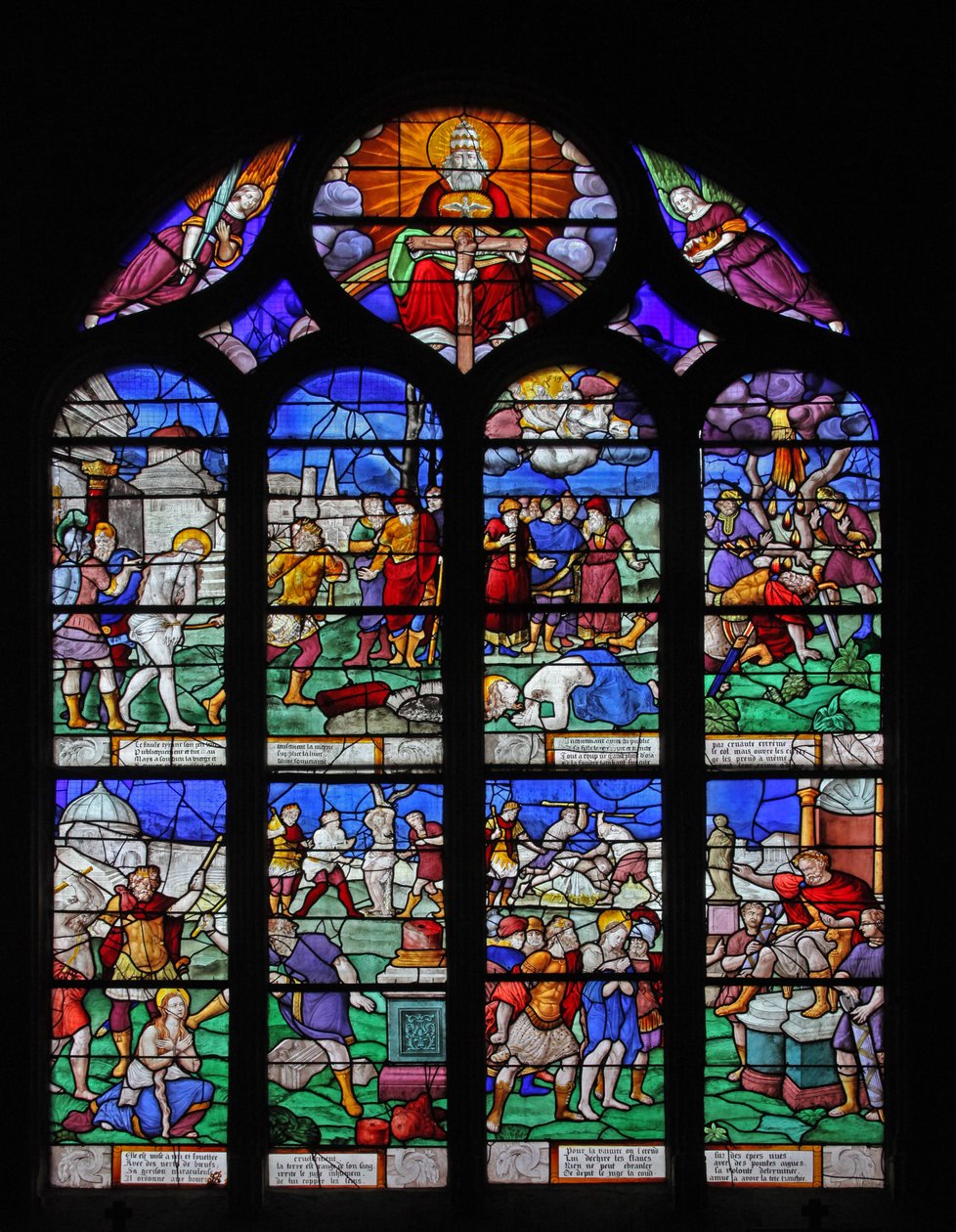 Vindue w7, der viser scener fra St Barbaras liv af French School