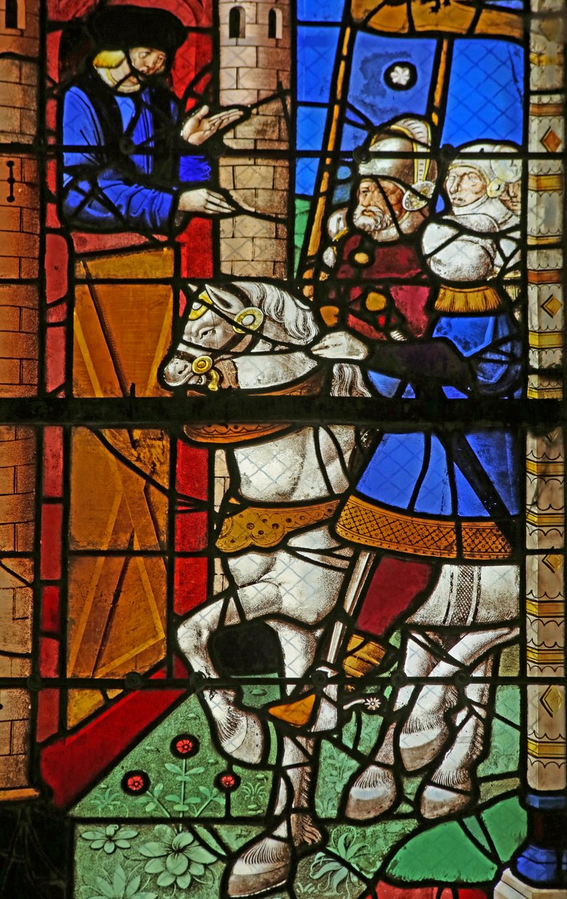 Vindue w8, der forestiller St. Augustine, besøger Comte dAfrique, Boniface, for at beskytte flodhestens folk mod vandalerne af French School