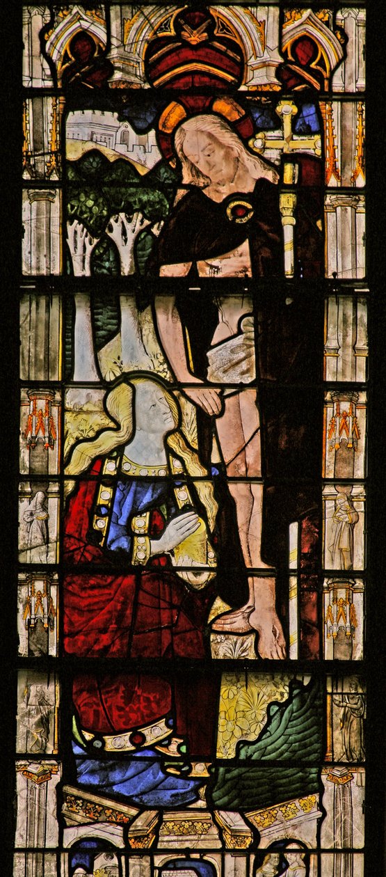 Vindue w8, der viser en opstandelsesscene: tilsynekomsten for Maria Magdalene af French School