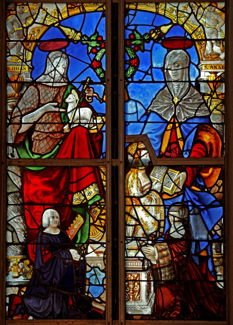 Vindue w8, der viser donorer med Johannes Døberen; også St. Anne lærer Jomfru Maria at læse af French School