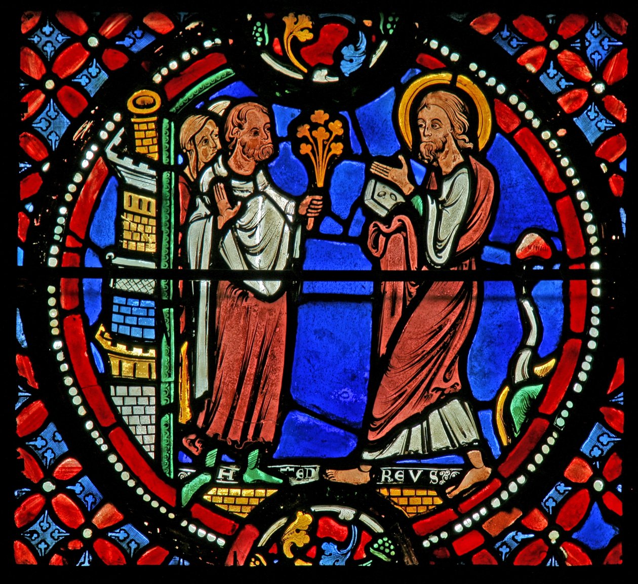 Vindue w9, der forestiller St. Andrew, bydes velkommen i Nicea af French School