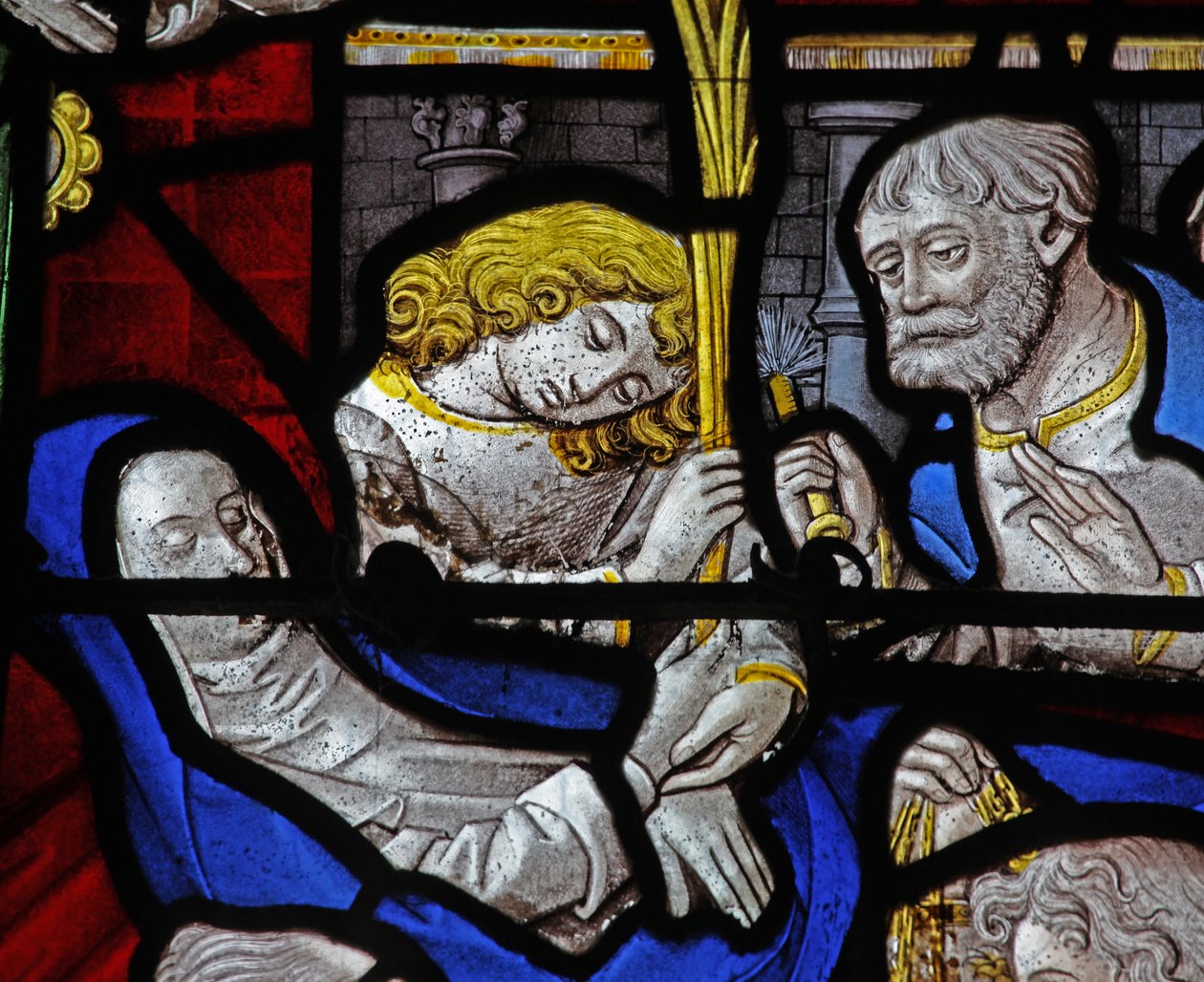 Vindue w9, der viser en detalje fra Jomfru Marias død af French School