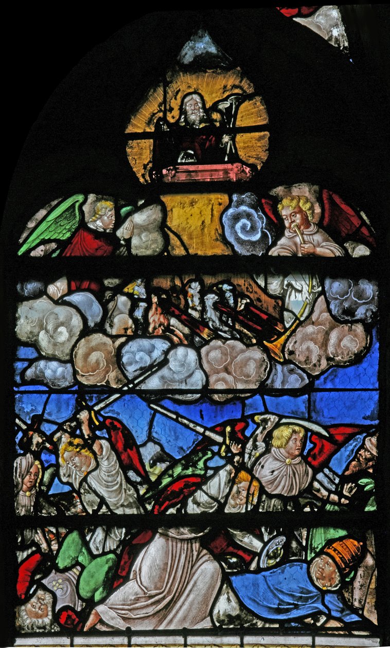 Vindue w9 viser en scene fra St Johns Book of the Revelation af French School