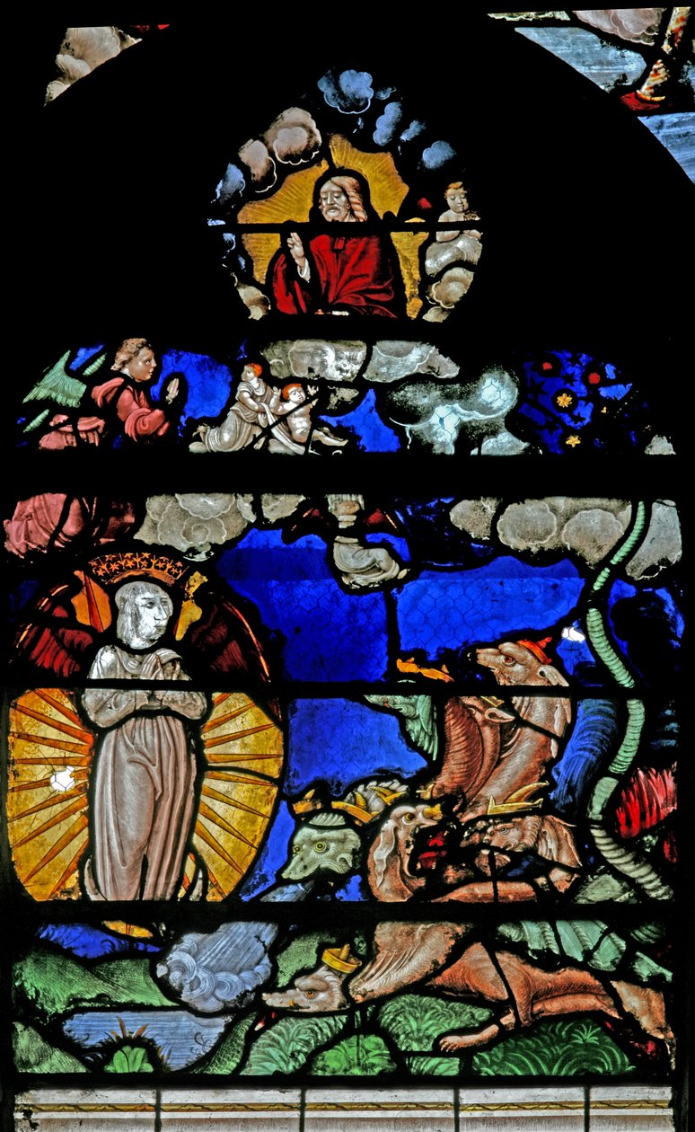 Vindue w9 viser en scene fra St Johns Book of the Revelation af French School