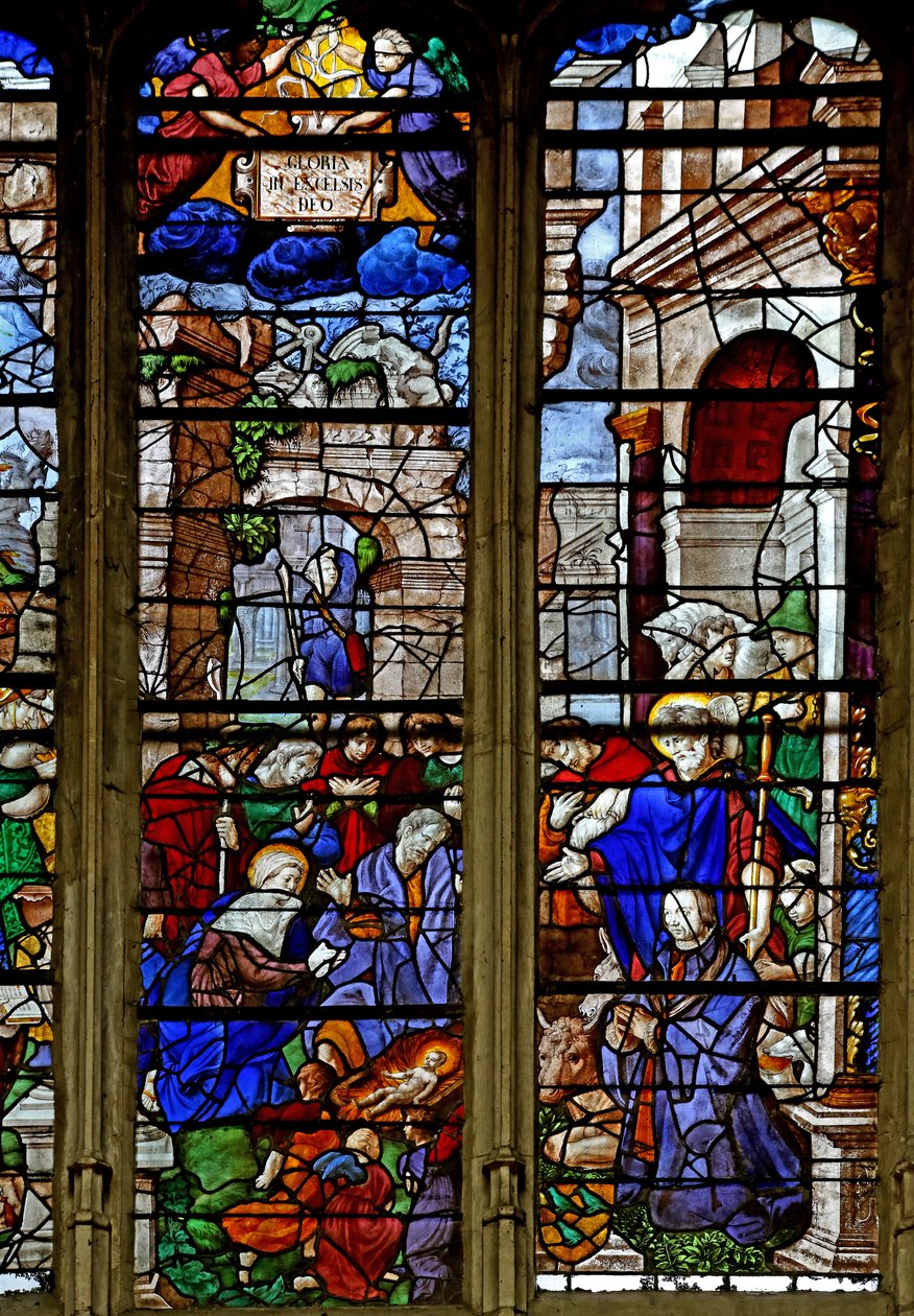 Vindue w9, der viser hyrdernes tilbedelse; donoren, Baurot og St. Roche af French School
