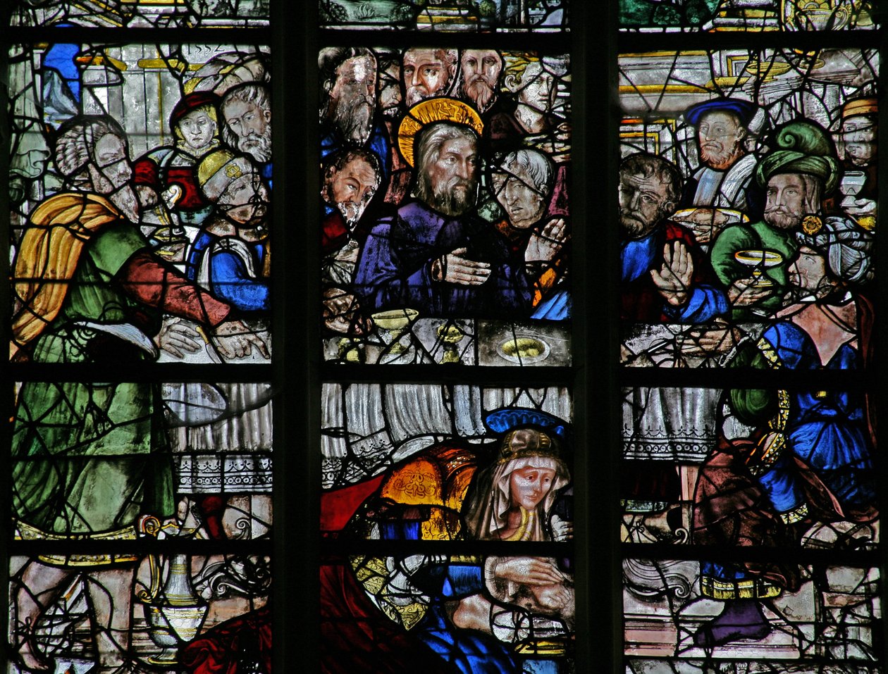 Vindue w9, der viser begivenhederne i Simons hus: Maria Magdalene vasker Kristi fødder af French School