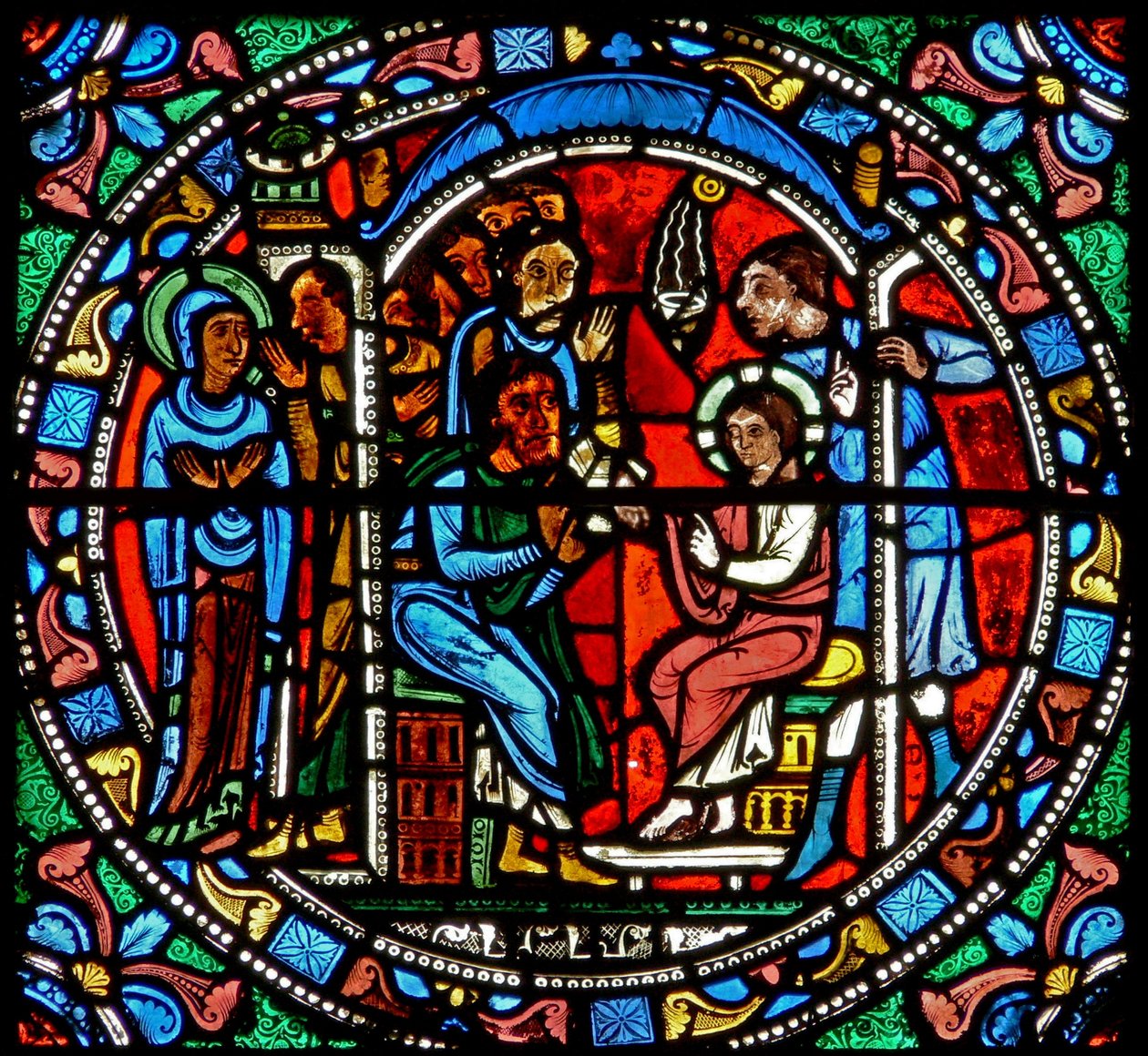 Vindue wXV, der forestiller Jesus fundet i templet af French School