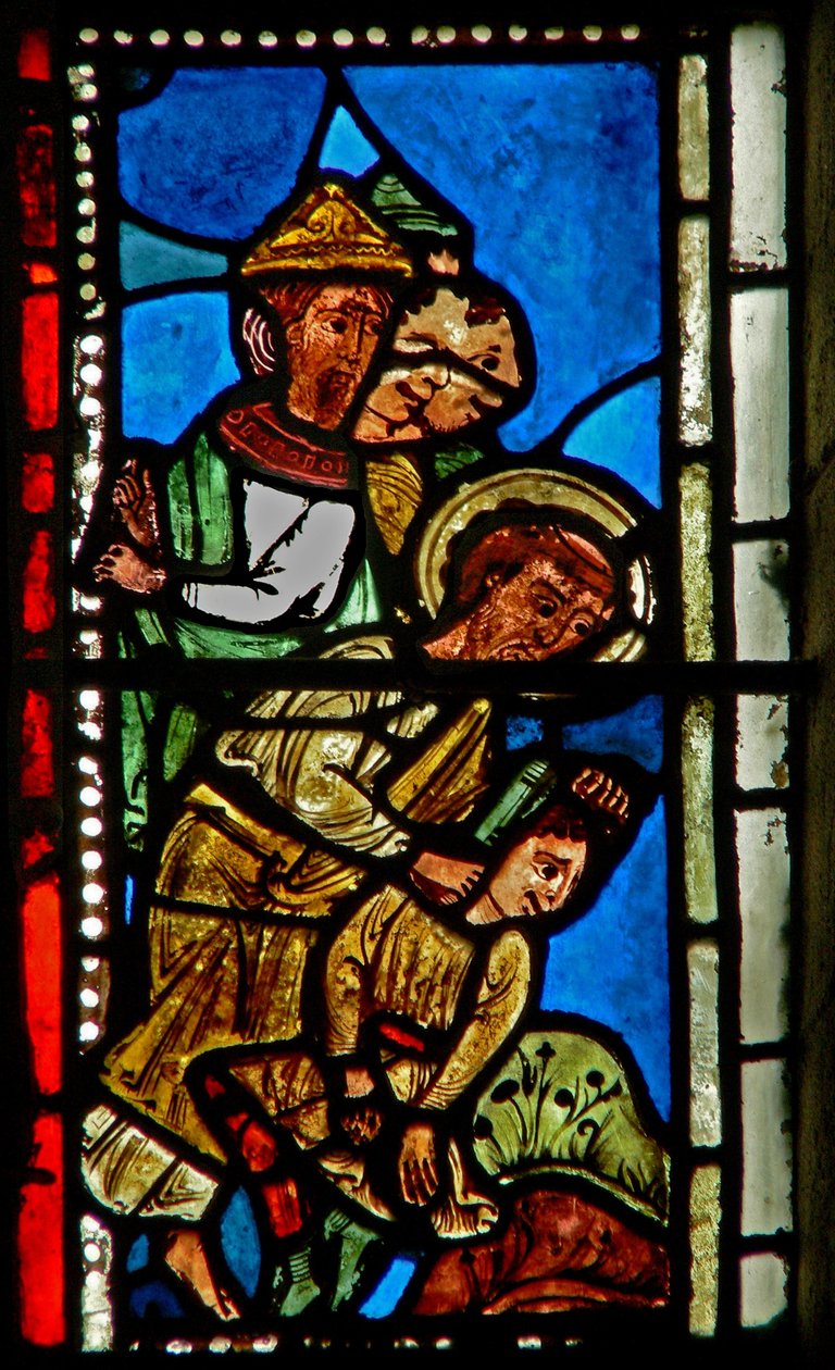 Vindue wXV, der forestiller Sankt Peter, skærer Malchus øre af af French School