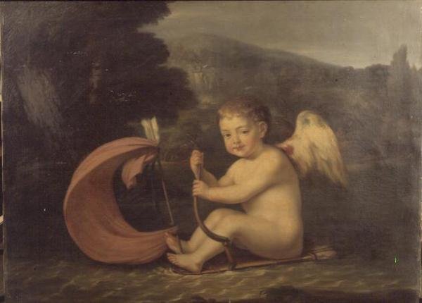 Bevinget Amor, sejler en båd med koggerskrog og pilemast, ca. 1800 af French School