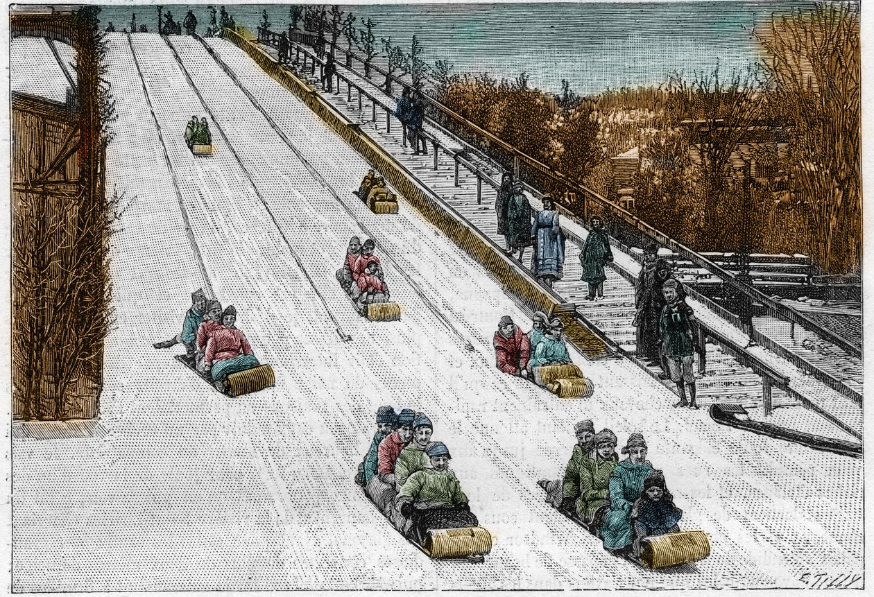 Vinterspil og sport: Tobogan-rutschebanen, rutsjebane i Montreal Park, Canada. Indgravering i "" Nature. Journal of science og dets anvendelser til kunst og industri. af French School