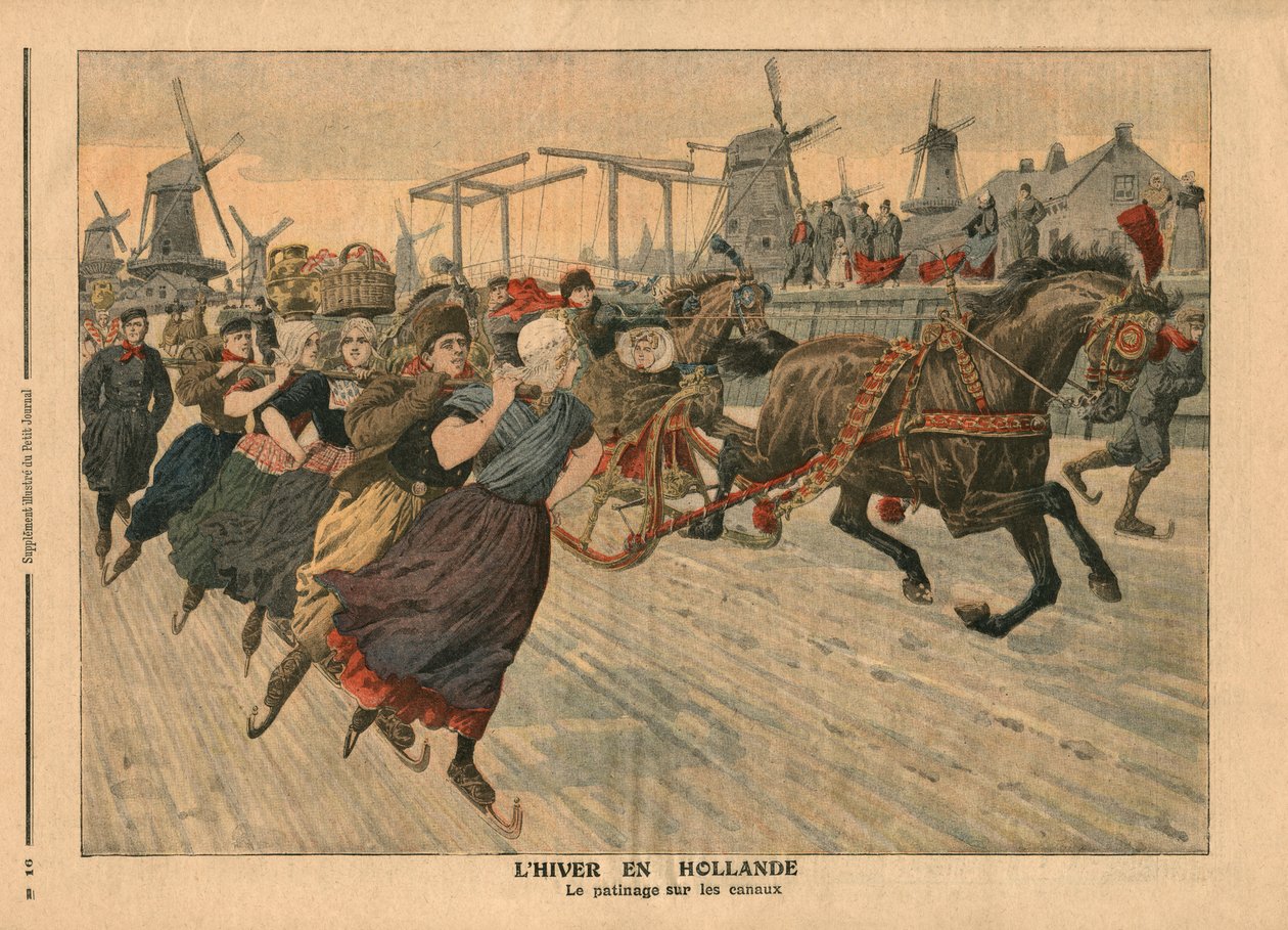 Winter in Holland, skøjteløb på kanalen, illustration fra 