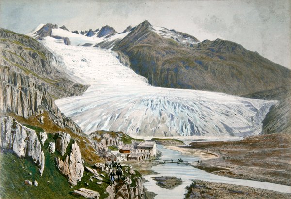 Vinterlandskab og rejsende i Pyrenæerne, ca. 1850 (farve litho) af French School