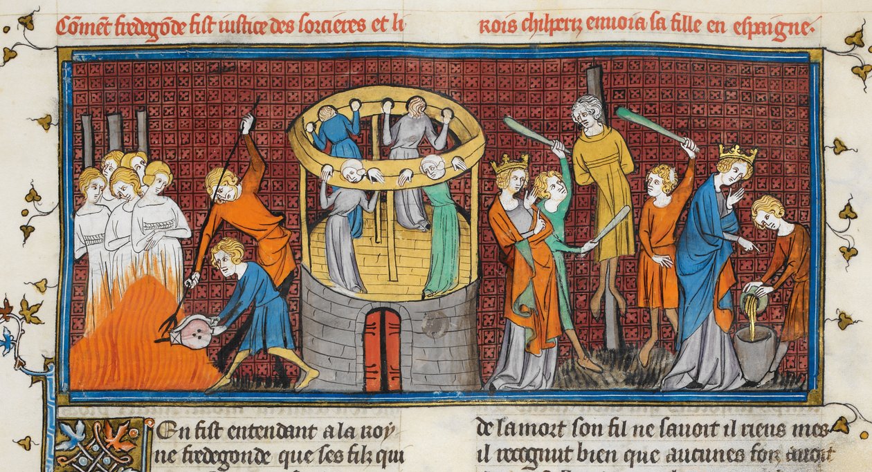 Hekse brændte, fra Les Grandes chroniques de France, MS Royal 16 G VI f. 64 af French School