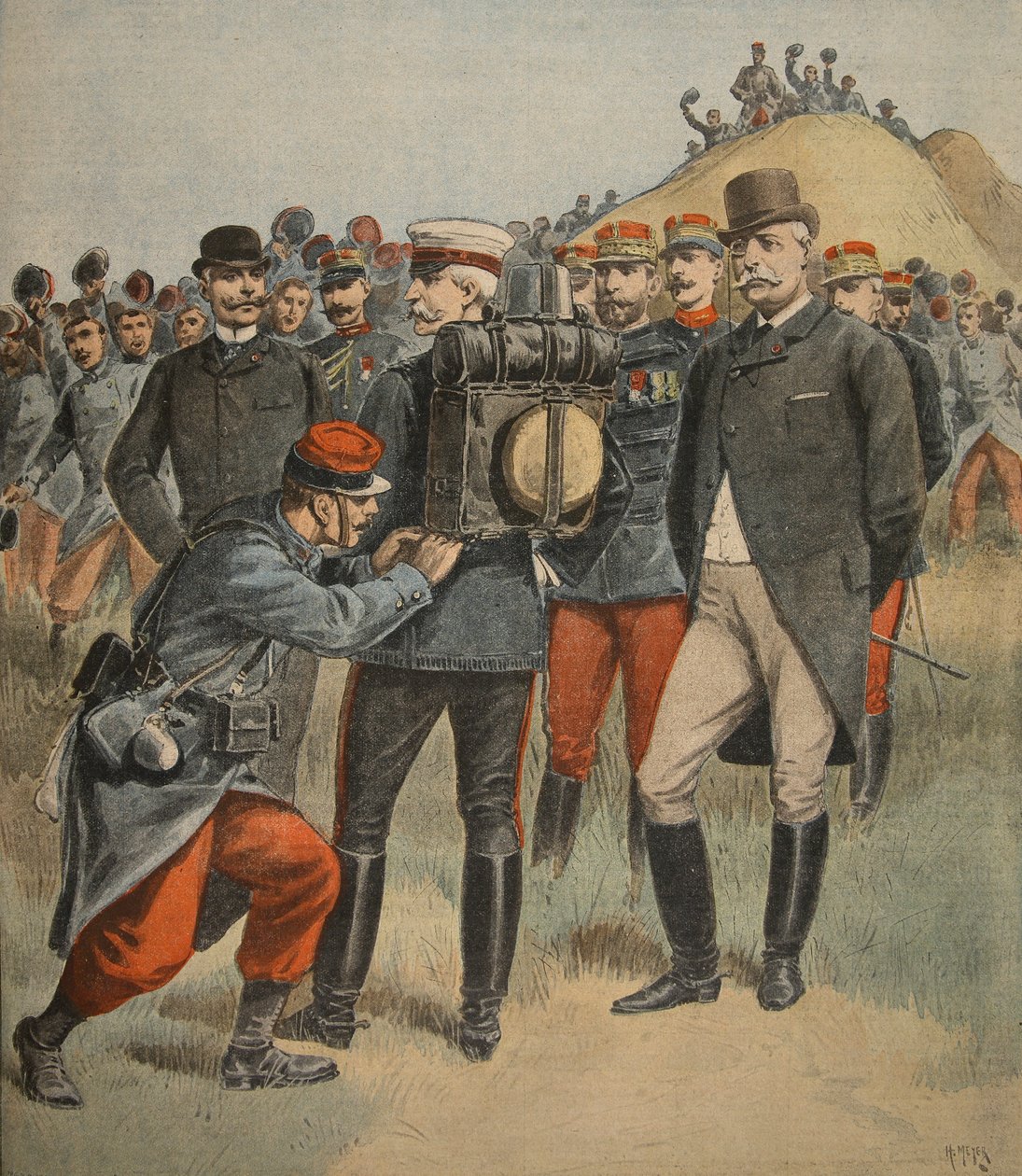 Med hærens manøvrer: Hertugen af Connaught tester en soldats taske, illustration fra Le Petit Journal: Supplement illustre, 2. oktober 1898 af French School