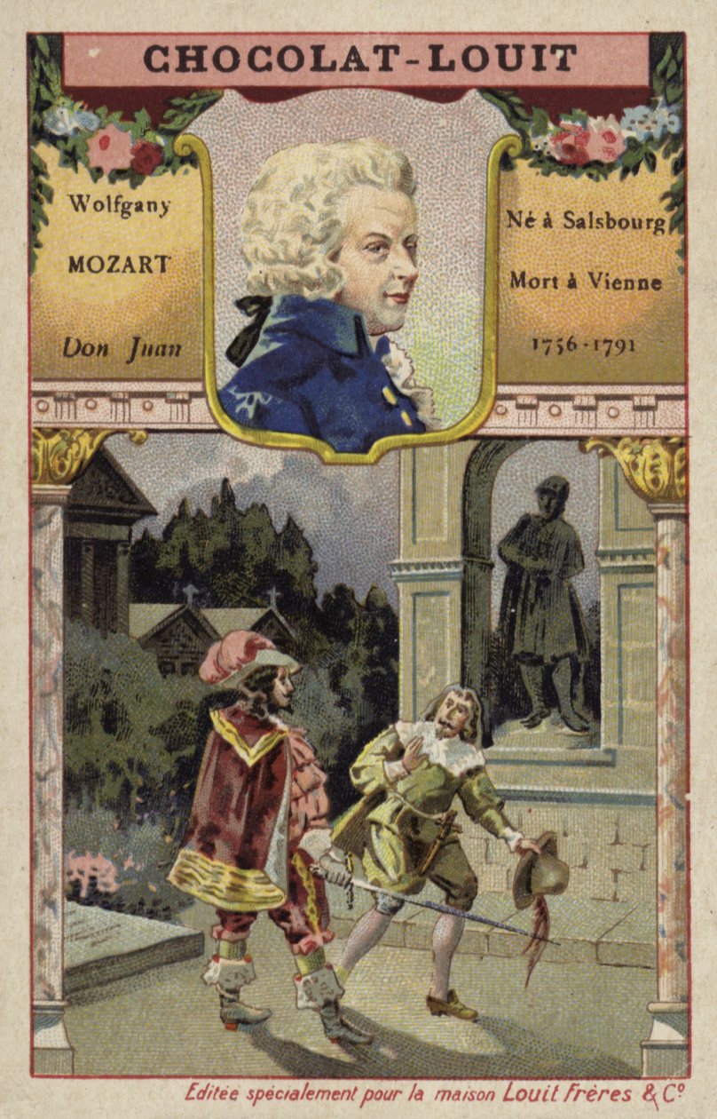 Wolfgang Amadeus Mozart, østrigsk komponist, og en scene fra hans opera Don Juan (chromolitho) af French School