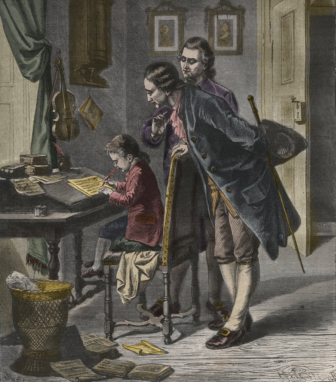Wolfgang Amadeus Mozart skriver en koncert i nærværelse af sin far, Leopold, illustration fra 