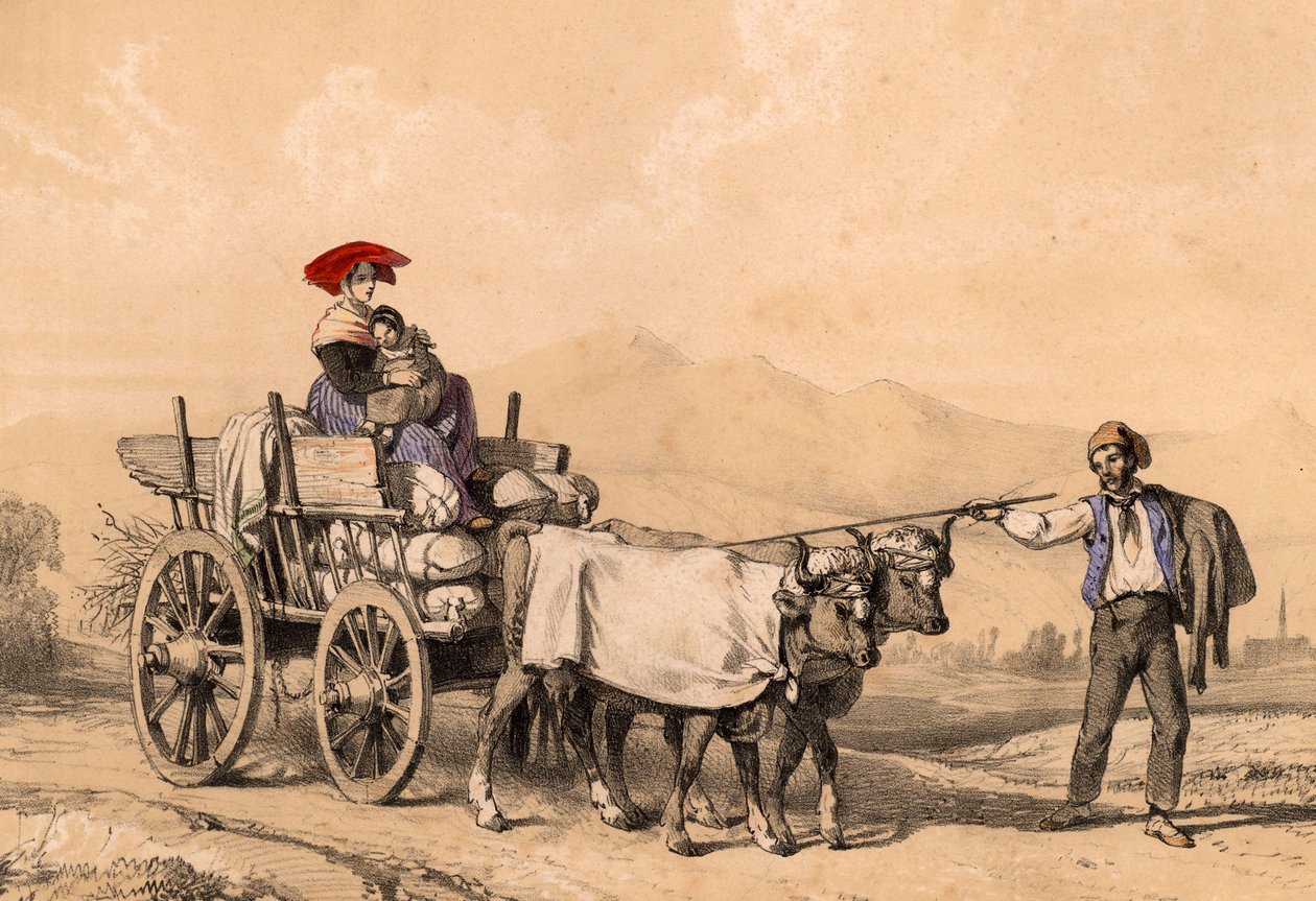 Woman and child in traditional dress riding on a cart full of sacks, c.1840dani af French School