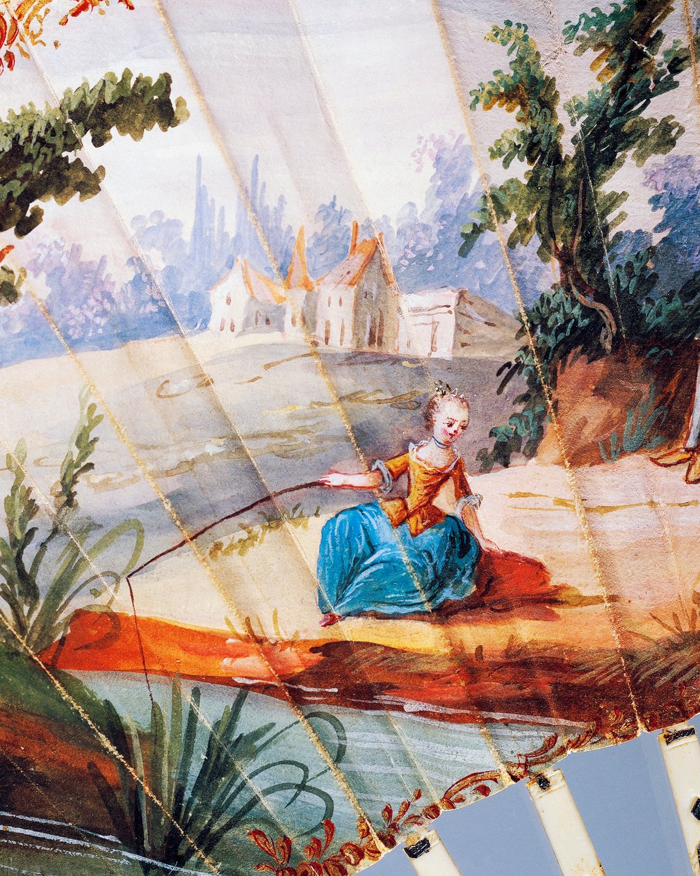 Kvinde, der fisker i floden, detalje af dobbeltbladshåndvifte malet med pastoral scene, elfenben og sølvribber, ca 1760, front, Frankrig af French School