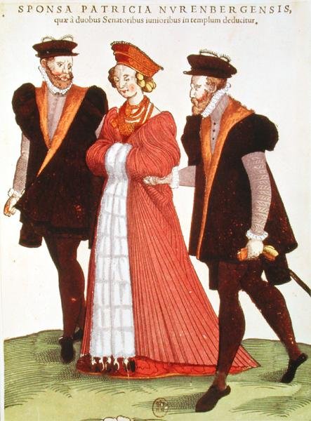 Kvinde fra Nürnberg bliver eskorteret til templet af to senatorer, 1572 af French School