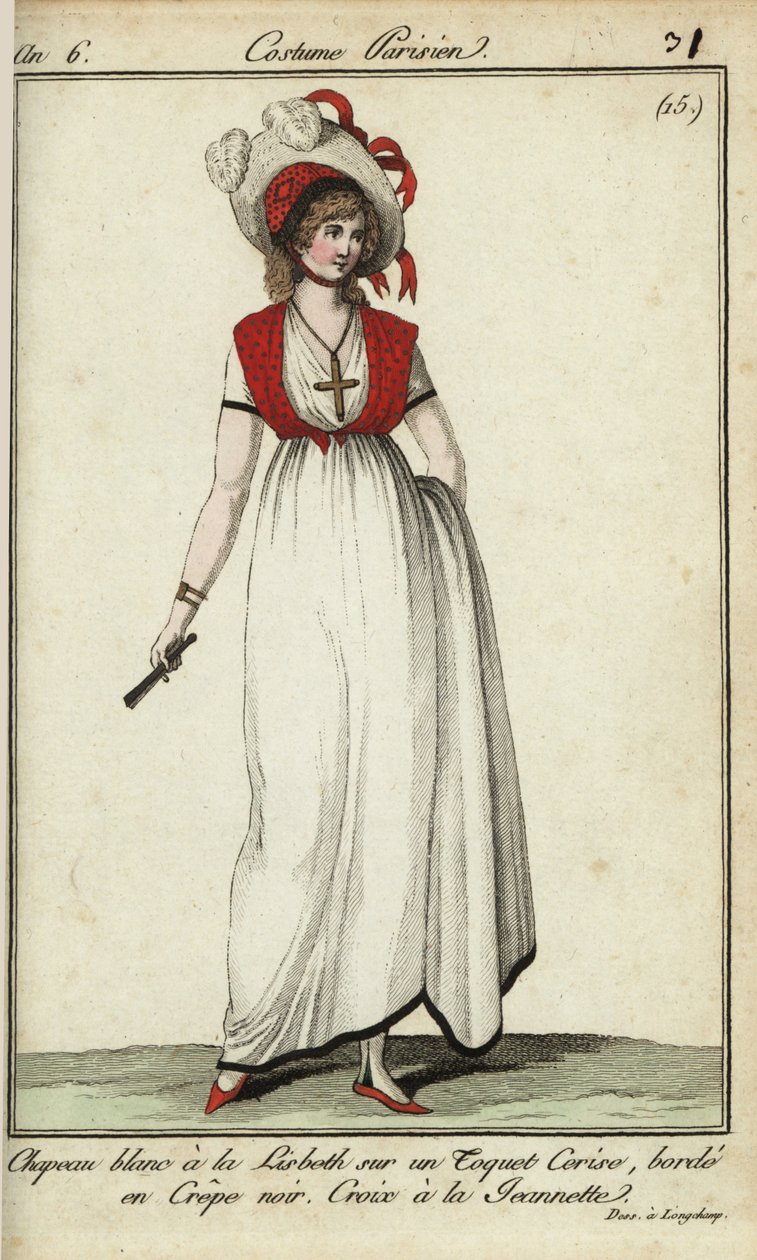 Kvinde i Lisbeth-hat i mode fra 1798 (håndfarvet kobberstik) af French School