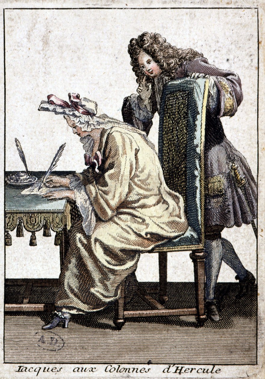 Kvinde i skjorte og nathætte skriver et brev med mand, n.d. v. 1715. af French School