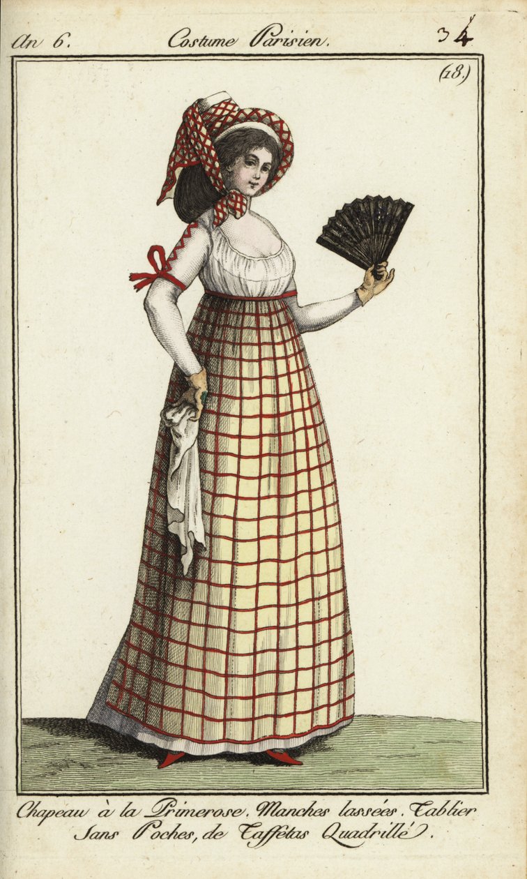Kvinde i Primerose-hattemoden fra 1798 (håndfarvet kobberstik) af French School