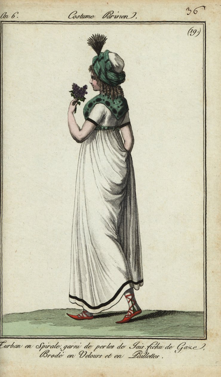 Kvinde i mode fra 1798 (håndfarvet kobberstik) af French School