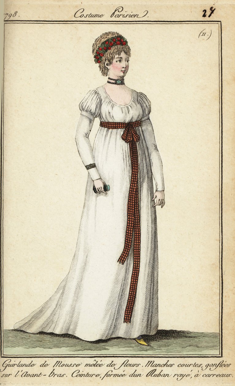 Kvinde i mode fra 1798 med kort hår under en guirlande (håndfarvet kobberstik) af French School