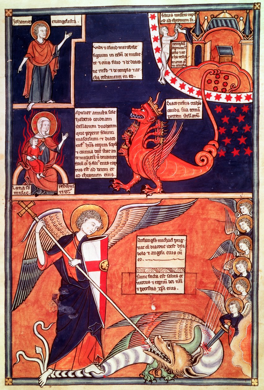 Apokalypsens kvinde bliver angrebet af den syvhovedede drage og St. Michael, der dræber dragen, fra Liber Floridus af Lambert de Saint-Omer, ca. 1120 af French School