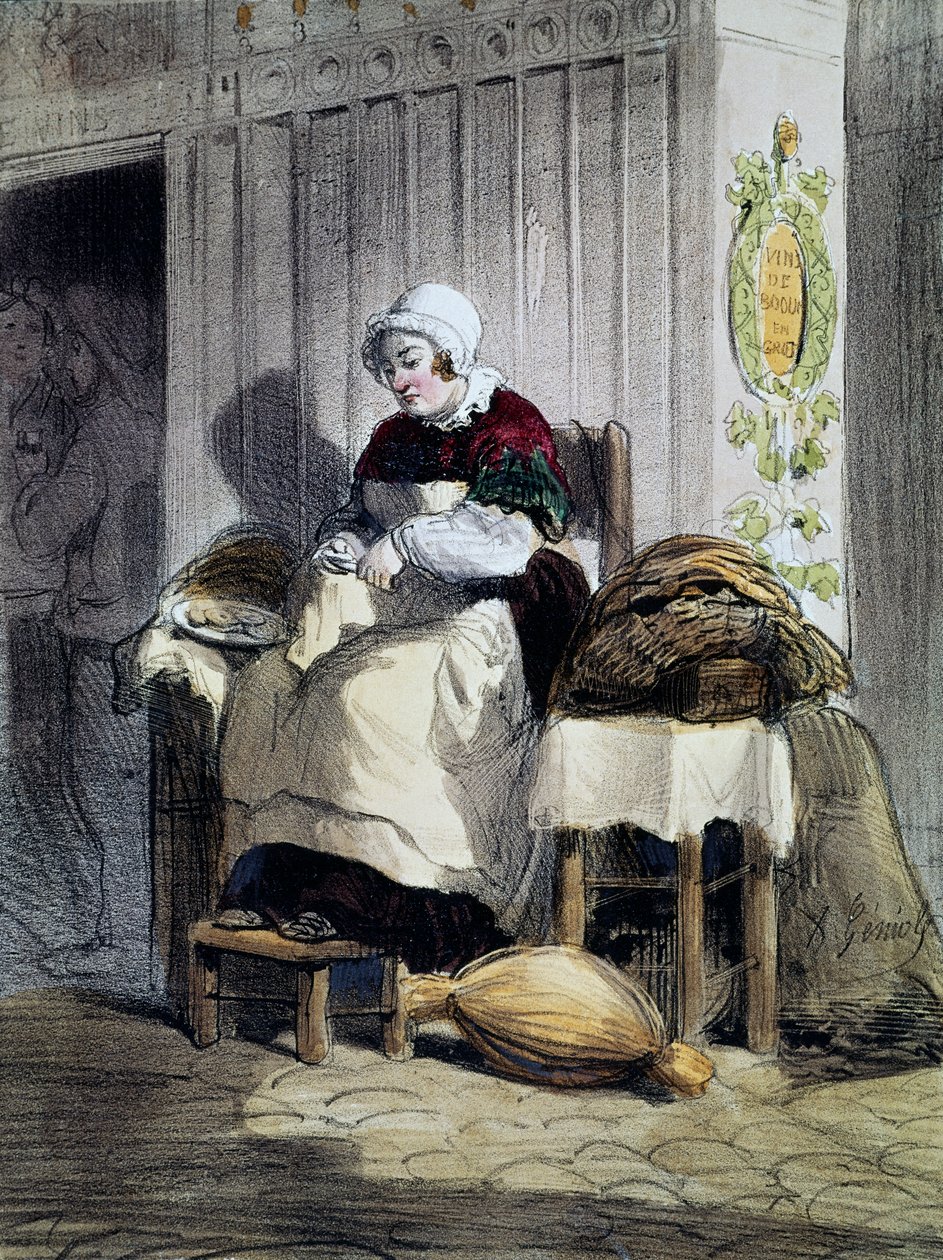 Kvinde, der åbner østers (ecailliere), tryk fra serien Women of Paris, Frankrig af French School