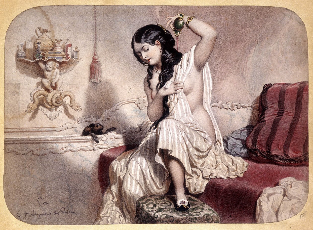 Kvinde parfumerer efter bad - litografi, v.1860 af French School
