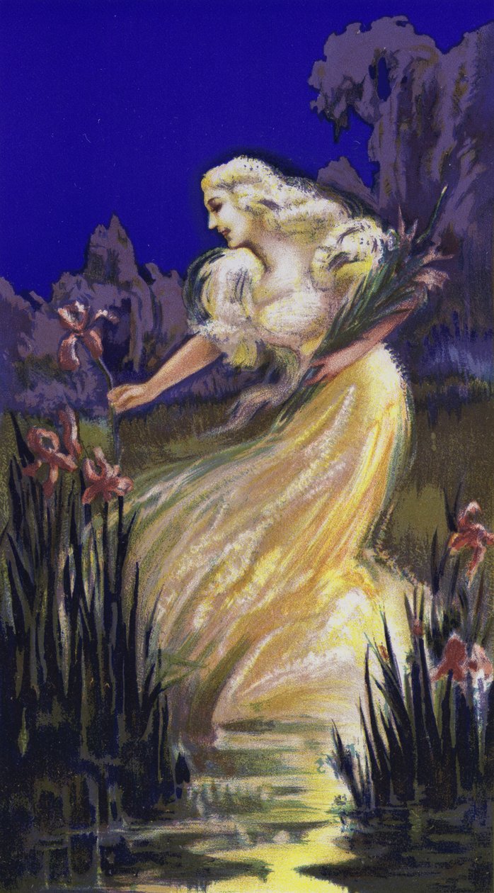 Kvinde plukker iris (farvelitografi) af French School