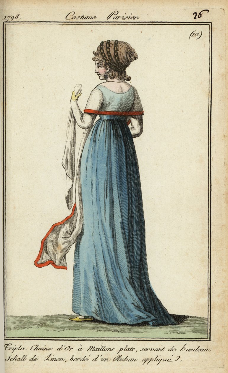 Kvinde med gennemsigtigt sjal i stil med 1798 (håndfarvet kobberstik) af French School